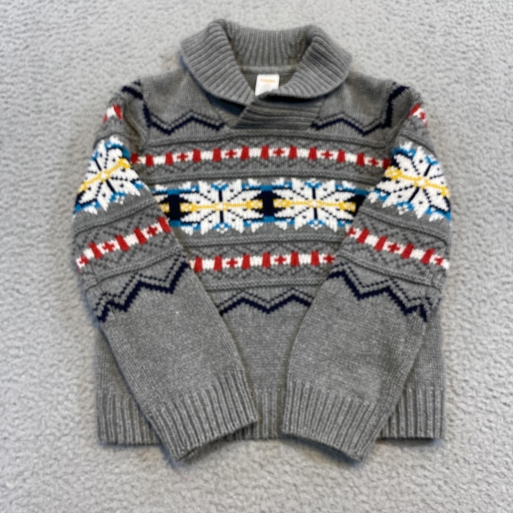 Gymboree Sweater Kids 5-6 Gray‎ Fair Isle Shawl Collar Holiday Pullover Knit